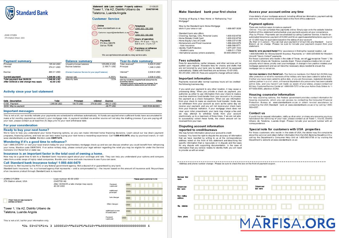 Realistic USA Standard Bank mortgage statement in Word and PDF formats, 2 pages real example